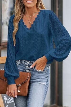 Long Lace Sleeves V Neck Top
