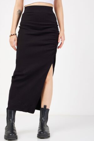 Ribbed Front Ruched Midi Skirt